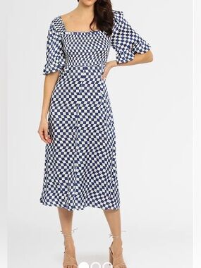 Kitri Blue and White Check Square-Neck Midi Dress BNWT